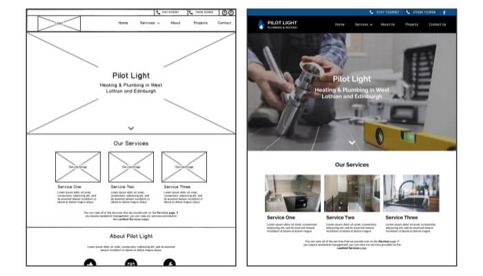 Wireframes and Mockup | Pilot Light Plumbing and Heating