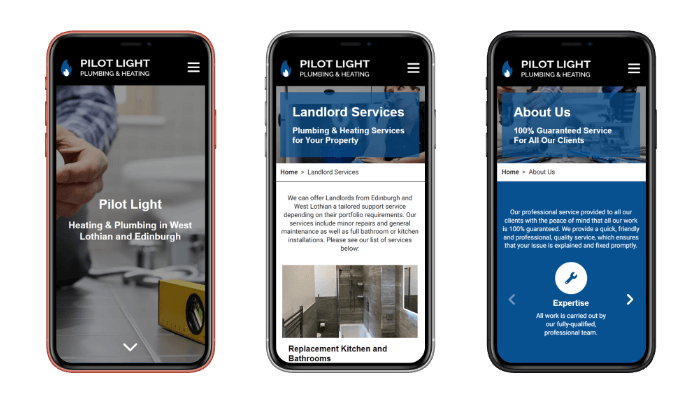Home, Landlords and About Us Mobile Mockups | Pilot Light Plumbing and Heating