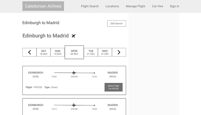 Adobe XD Medium-Fidelity Prototype | Caledonian Airlines UX Design